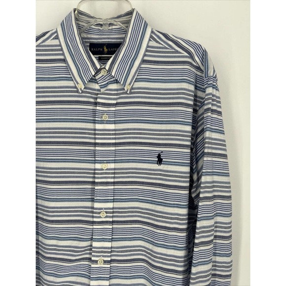 POLO‎ RALPH LAUREN Classic Fit Long Sleeve Button Shirt Sz M Blue Striped Pony - Picture 1 of 7